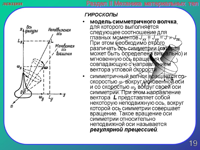 19 лекции Раздел II Механика материальных тел ГИРОСКОПЫ модель симметричного волчка, для которого выполняется